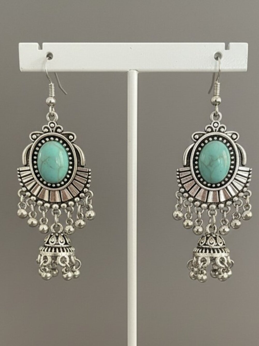 Southwestern Faux Turquoise and Silver Metal Pierced Earrings - Picture 2 of 4